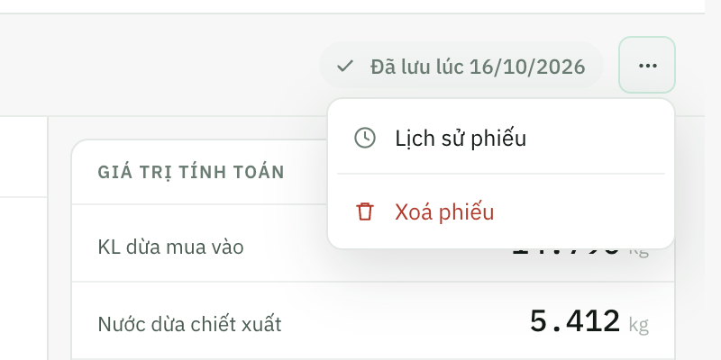 Menu tác vụ của phiếu
