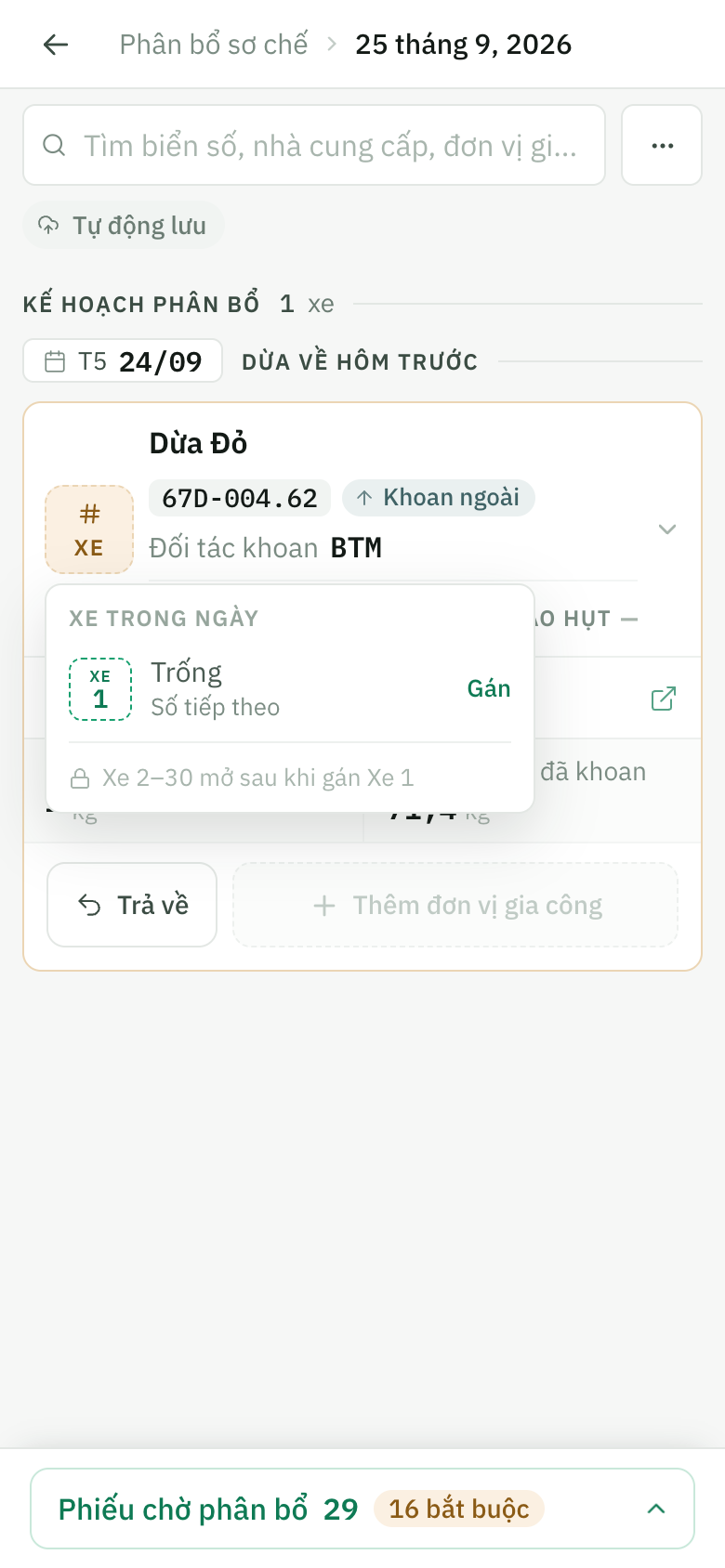 Chọn số xe trong ngày