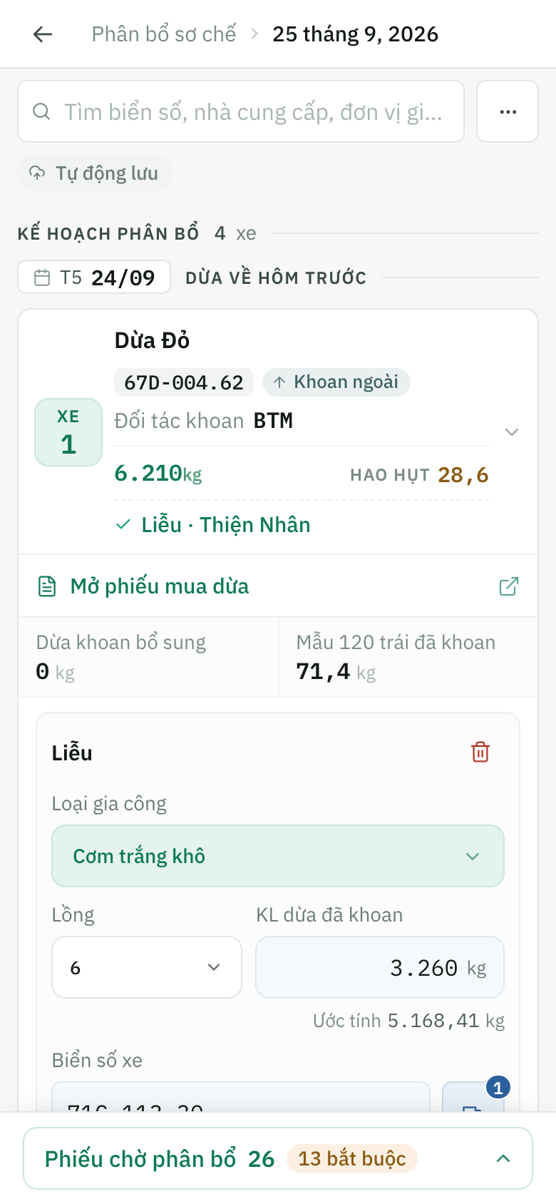 Thẻ xe với hao hụt 28,6 kg