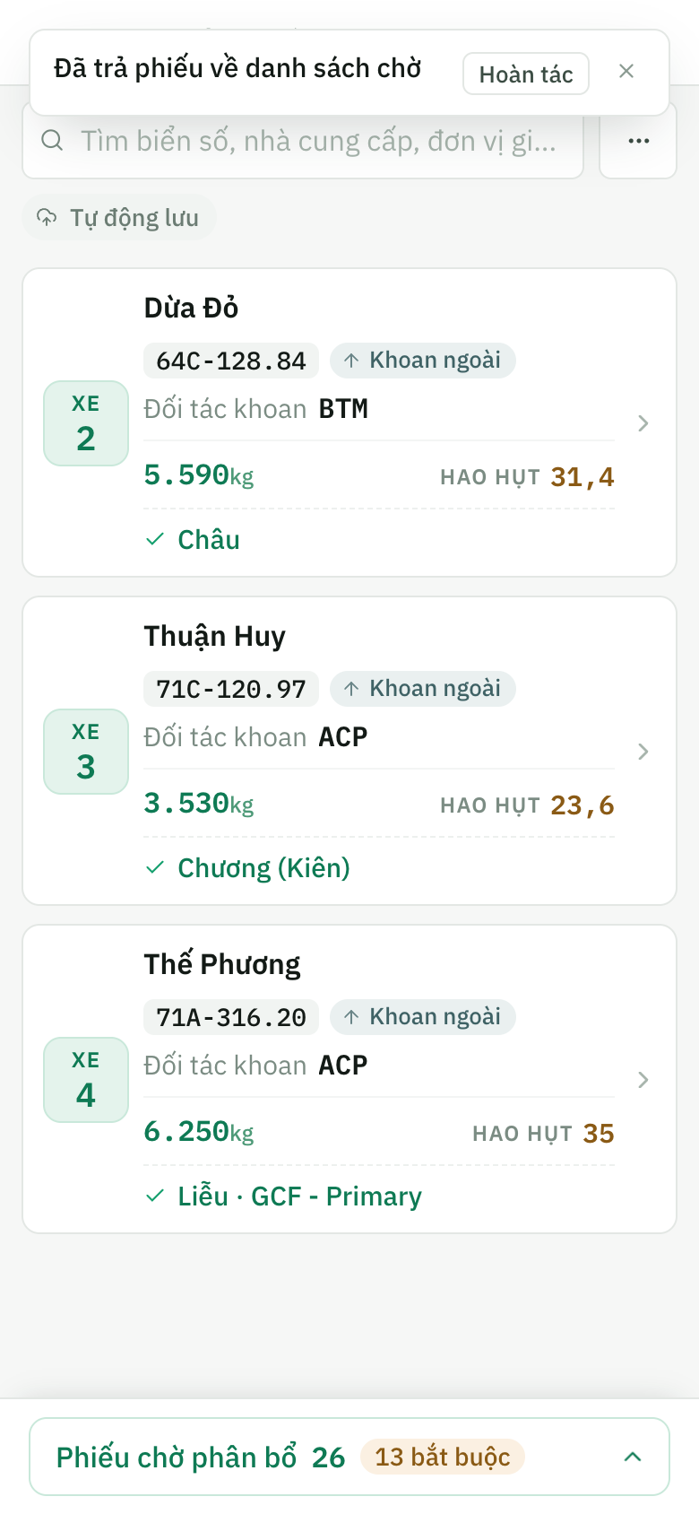 Thông báo đã trả phiếu về danh sách chờ